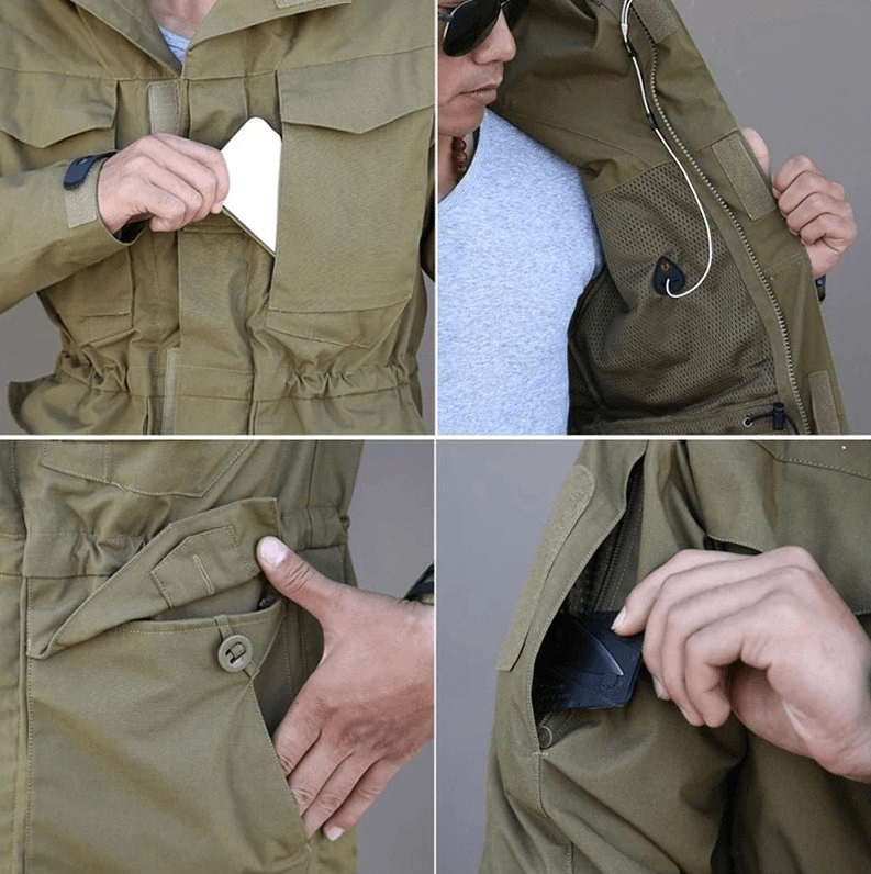 Men's waterproof windbreaker jacket showing multiple secure pockets and hood, perfect for outdoor adventures.